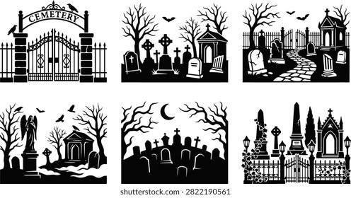 Eerie graveyard vignettes featuring Victorian mausoleums weathered headstones and bare trees under a crescent moon ideal for Halloween invitations.