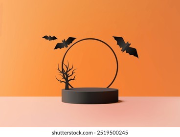 Podio negro inquietante de Halloween 3D con murciélagos y árbol estéril, escena de exhibición naranja, ideal para decoración festiva, vitrinas temáticas de terror y presentaciones de Producto estacionales