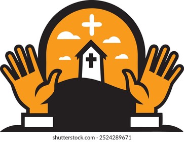 Eerie Halloween Grave with Praying Hands and Church Icon