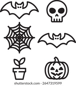 Eerie Halloween Icons Uma celebração assustadora temporada com morcegos, caveiras, Webs, abóboras e uma planta em vaso em negrito linha arte