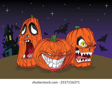 Eerie Halloween night illustration featuring three horror pumpkins, bats, and a ghostly house under a dark sky. Perfect for spooky holiday themes, decorations, and Halloween designs