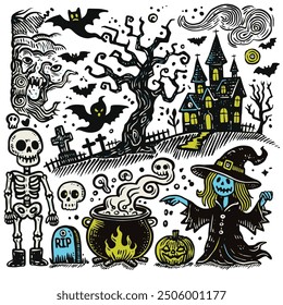 An eerie hand-drawn Halloween doodle set featuring a witch, skeleton, haunted house, and spooky graveyard, all with Offset effect, perfect for creepy Halloween themes. Each on a separate layer, can be