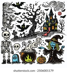 Ein schaurig handgezeichnetes Halloween-Doodle-Set mit einem gespenstischen Haus, einer Hexe, einem Skelett, einem Kessel und Fledermäusen in einer gruseligen Friedhofsszene. Jede auf einer separaten Ebene, kann entfernt oder ersetzt werden.
