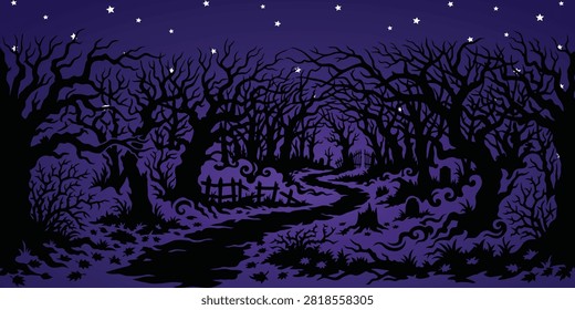 Eerie haunted forest path with bare trees and starry night sky, halloween