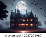 An eerie mansion at midnight with full moon, bats and haunting shadows. Perfect for spooky projects and horror-themed designs. #creepy #mansion