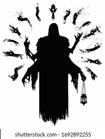 Eerie multi-armed silhouette of the wizard's Ghost with many hands hovering around him, in one of them he holds a censer 2D illustration.