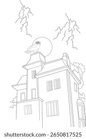 Eerie night scene with an owl on a haunted house, full moon, and lightning. Ideal black and white vector art for Halloween and mystery.