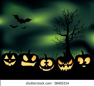 An eerie pumpkin patch with jack-o-lanterns, bats, crows, and a green cloudy haze.