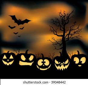 An eerie pumpkin patch with jack-o-lanterns, bats, crows, and an orange cloudy haze.