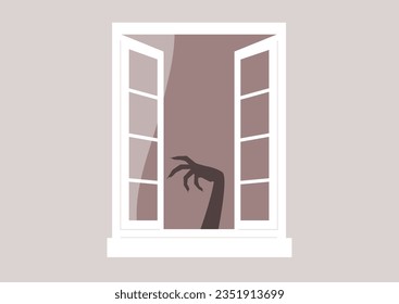 An eerie scene unfolding as a monstrous hand emerges through an open window frame, serving as a metaphor for phobias and anxieties that can be unsettling