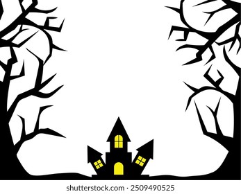 Eerie silhouette background of castle and dead trees