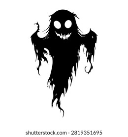 Eerie silhouette of a ghostly entity with hollow eyes and tattered form, creating a chilling and supernatural atmosphere suitable for horror themes.