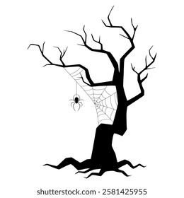 The eerie silhouette of a leafless, lonely tree, with twisted branches reaching upwards with a spider and web, adding to the atmosphere of fear.