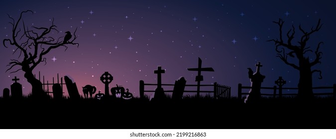 An eerie, spooky cemetery on the background of the night sky, scary pumpkins and black crow sitting on crooked branch of a tree.Halloween vector illustration.