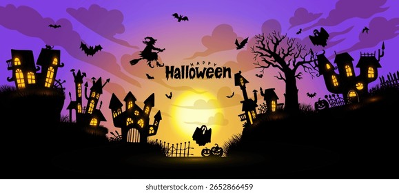 Sombras vetoriais estranhas projetadas sobre uma paisagem urbana com tortas tortas, casas assombradas, lua. Cidade do Halloween. Silhueta de modelo de formas escuras sinistras sugere segredos sobrenaturais na noite espectral