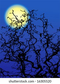 Eerie vector tree branches and moon