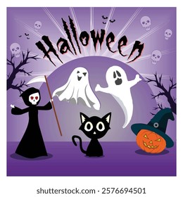 Eerie and whimsical Halloween featuring ghosts, a black cat, a jack o lantern, and a grim reaper, set against a purple background with skeletal trees and bats. Flat vector modern illustration 