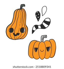 Uma estranha e extravagante ilustração temática de Halloween capturando a atmosfera assustadora e festiva do feriado com elementos lúdicos e misteriosos, perfeitos para desenhos e decorações sazonais.