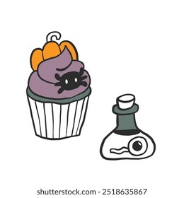 Eine schaurige und skurrile Cupcake-Illustration zum Thema Halloween, die die gespenstische und festliche Atmosphäre des Urlaubs mit verspielten, geheimnisvollen Elementen einfängt, perfekt für saisonale Designs und Dekorationen.