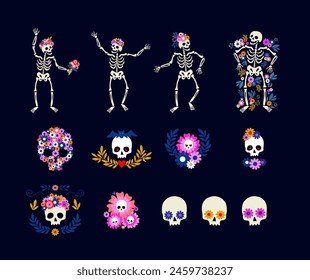 Eerie yet joyful vector clipart set. Featuring cheerful skeletons, skulls with bat and more, in neon colors and gestures. Add enchanting touch of spooky fun to Halloween designs and decorations.