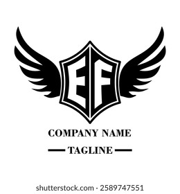 EF A bold winged shield emblem with customizable initials A-Z. Sleek black-and-white vector, perfect for branding, sports teams, motorcycle clubs, gaming,apparel and High-quality
