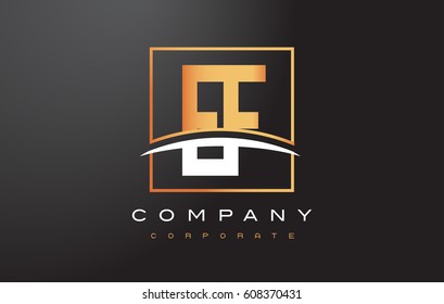 EF E F Golden Letter Logo Design with Swoosh and Rectangle Square Box Vector Design.