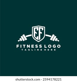 EF initial monogram for fitnes or gym logo with creative shield and barbell design