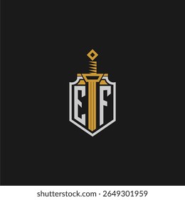 Monograma inicial de EF para imagem de escudo e espada