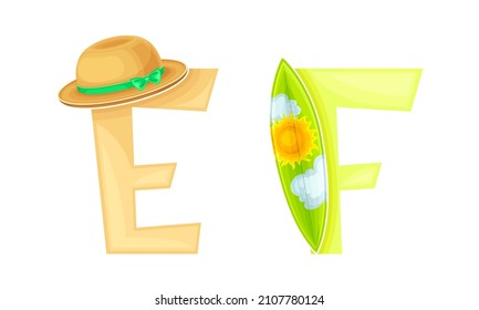 E,F letters of English alphabet with straw hat and surfboard vector illustration