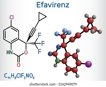 Efavirenz, EFV molecule. It is antiretroviral medication used to treat HIV and AIDS. Structural chemical formula and molecule model. Vector illustration