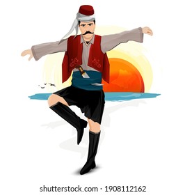 Efe, zeybek, harmandali. Turkish men dance in traditional clothes. Turkish dance. Dance at sunset. Artistic dance with boots, knives, fez and local clothes. Hayde bre efeler. 