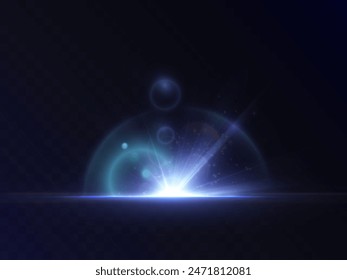 The effect of abstract horizontal rays of blue light with highlights on a black background. Vector 10 EPS