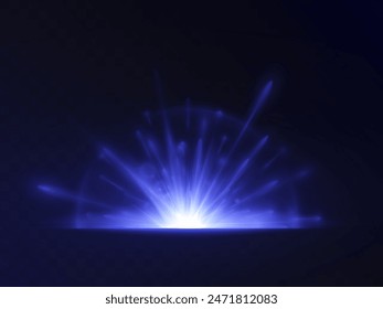 The effect of abstract horizontal rays of blue light with highlights on a black background. Vector 10 EPS