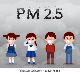 Effect of air pollution for children, The girls and boys wear protective mask. N95 prevent from PM2.5 vector illustration isolated on EPS10.