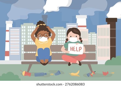Effect of Air Pollution. Sad kids sitting on bench in masks because of fine dust PM 2.5. multi ethnic girls wearing mask against smog. Fine dust, air pollution, industrial smog. vector illustration