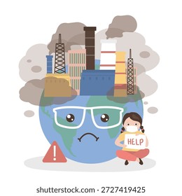 Auswirkungen der Luftverschmutzung. Unglückliches Kind, das eine Maske gegen Smog trägt. Unglückliches Kind bittet um Hilfe beim Aufräumen und Retten des Planeten. Umweltverschmutzungskonzept. Traurige Erde Maskottchen mit Staub, industrielle Smog.