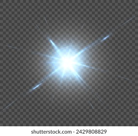The effect of bright blue sunlight. Twinkling blue star on a black background. Bright light effect. Vector