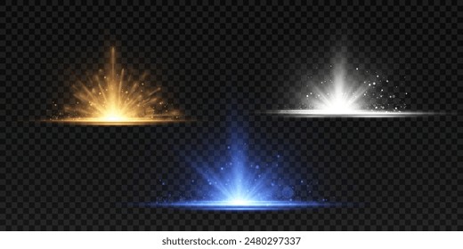  The effect of a bright flickering flash of light on a transparent background with rays and highlights. Glowing bright light explosion effect. Vector illustration 10 EPS for web design.