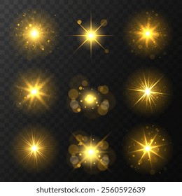 The effect of a bright flickering flash of light on a transparent background with rays and highlights. Light star gold. Light sun gold. Light flash gold.