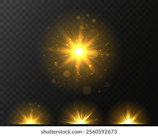 The effect of a bright flickering flash of light on a transparent background with rays and highlights. Light star gold. Light sun gold. Light flash gold.
