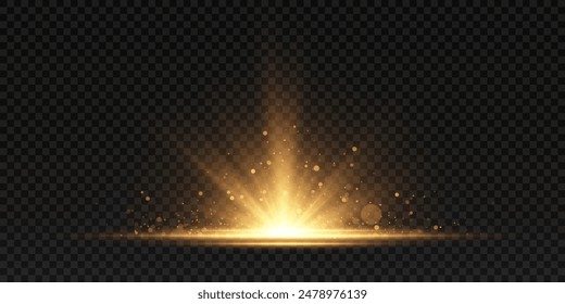 El efecto de un destello de luz dorado brillante sobre un fondo transparente con rayos y resplandor. Efecto de desenfoque amarillo claro. Ilustración vectorial 10 EPS para Diseño web.