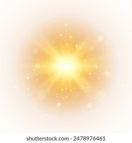 The effect of a bright golden flash of light on a white background with rays and glare. Light yellow light blur effect. Vector illustration 10 EPS for web design.