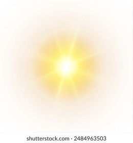 The effect of a bright golden flash of light on a white background with rays and glare. Light yellow light blur effect. Vector illustration 10 EPS for web design.