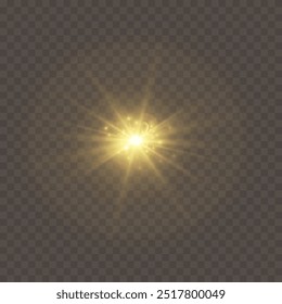 El efecto de un destello de luz dorado brillante sobre un fondo transparente con rayos y resplandor. Efecto de desenfoque de luz amarillo claro. Ilustración vectorial 10 EPS para Diseño web.