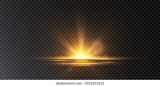 The effect of a bright golden flash of light on a transparent background with rays and glare. Light yellow light blur effect. Vector illustration 10 EPS for web design.	