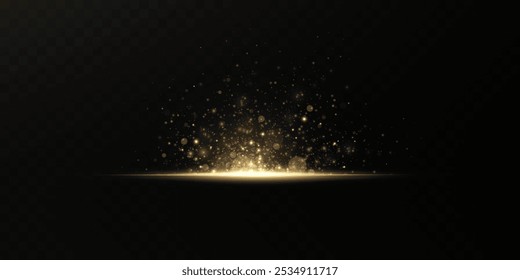 The effect of a bright golden flash of light on a transparent background with rays and glare. Light yellow light blur effect.