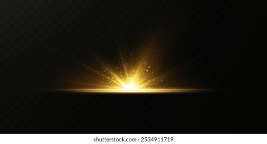 The effect of a bright golden flash of light on a transparent background with rays and glare. Light yellow light blur effect.