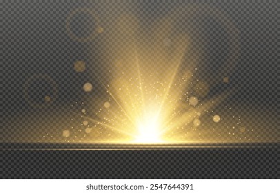 The effect of a bright golden flash of light on a transparent background with rays and glare. Light yellow light blur effect. Vector illustration 10 EPS for web design.