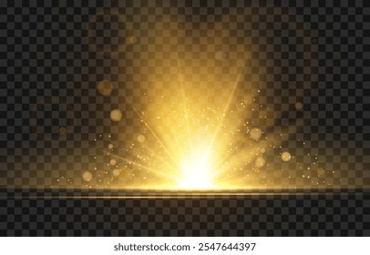 Der Effekt eines hellen goldenen Lichtblitzes auf transparentem Hintergrund mit Strahlen und Blendung. Hellgelbes Licht, unscharfer Effekt. Vektorgrafik 10 EPS für Webdesign.