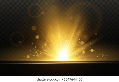 El efecto de un destello de luz dorado brillante sobre un fondo transparente con rayos y resplandor. Efecto de desenfoque de luz amarillo claro. Ilustración vectorial 10 EPS para Diseño web.